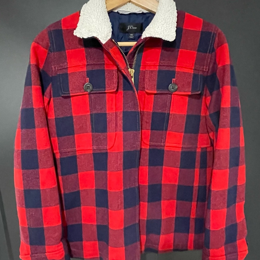 J. Crew Red and Blue Buffalo Plaid Jacket with Cozy Sherpa Collar